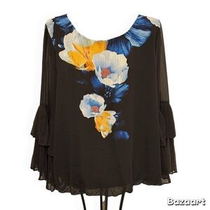 Alfani Womens Size 2X Pleat Sleeve Pullover Blouse Flare Sleeves Floral Pattern